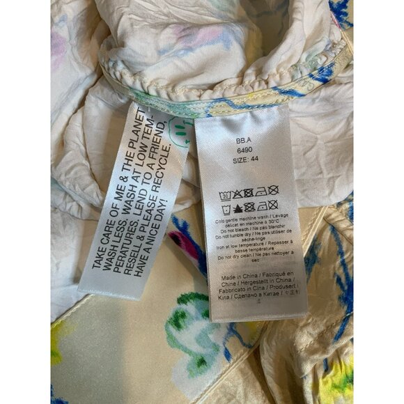 GANNI Floral Ruched Crinkled Cream Satin Long Sleeve Shirt, Size 44 | 14 - Picture 12 of 12